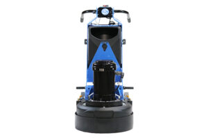 Front view of a blue floor polisher with a large black circular base pad.