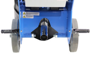 Blue industrial machine base with two gray wheels and a central metal chute extending downward.