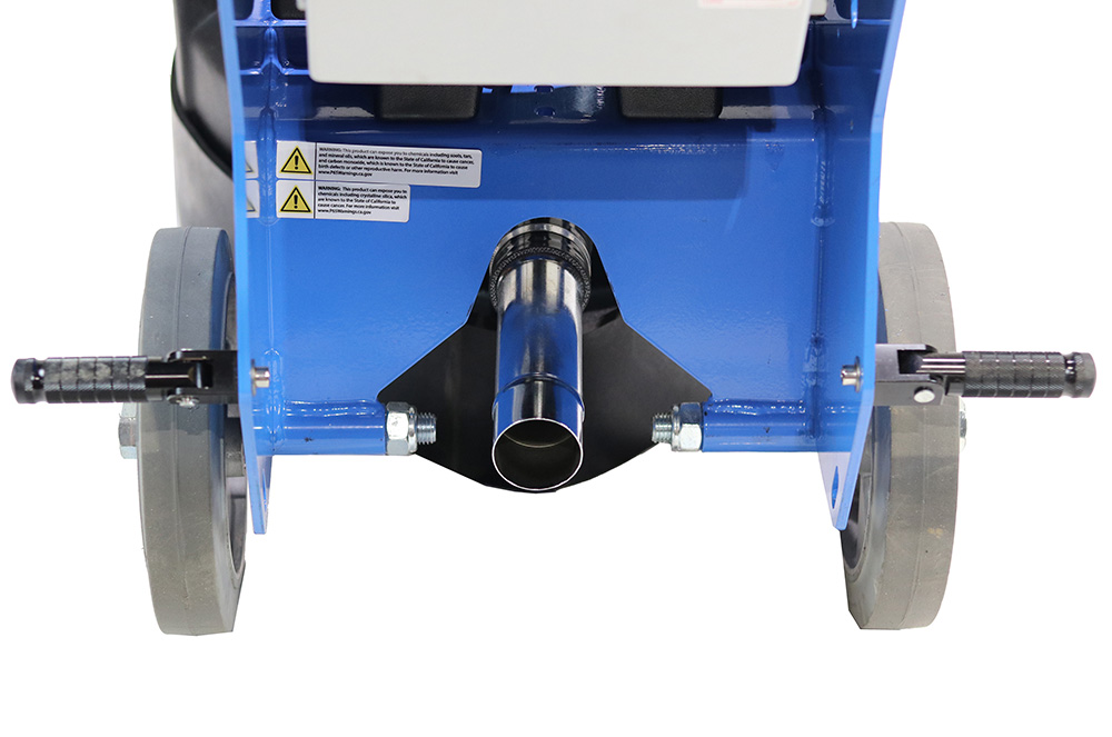 Blue industrial machine base with two gray wheels and a central metal chute extending downward.